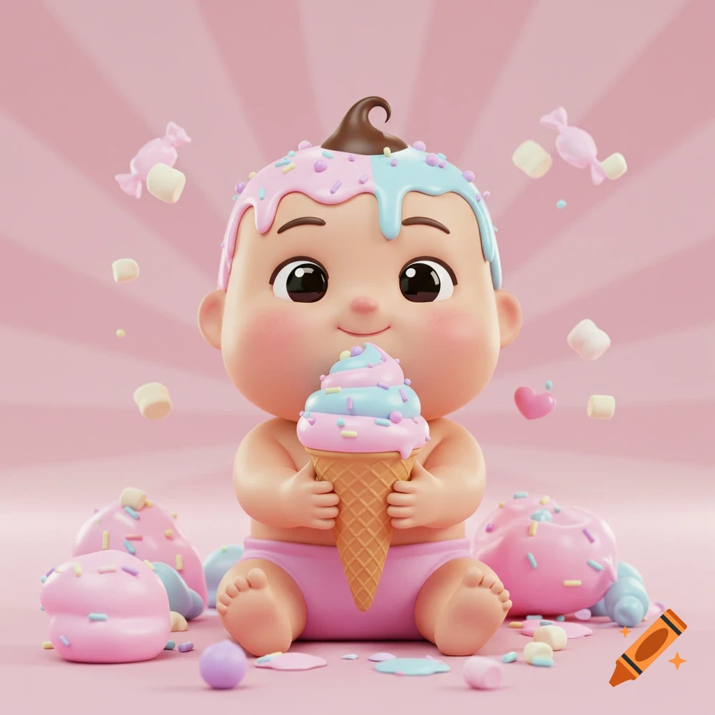 A cute, chubby 3D cartoon baby happily eating a pink and blue ice cream cone, surrounded by colorful candies on a pink background.