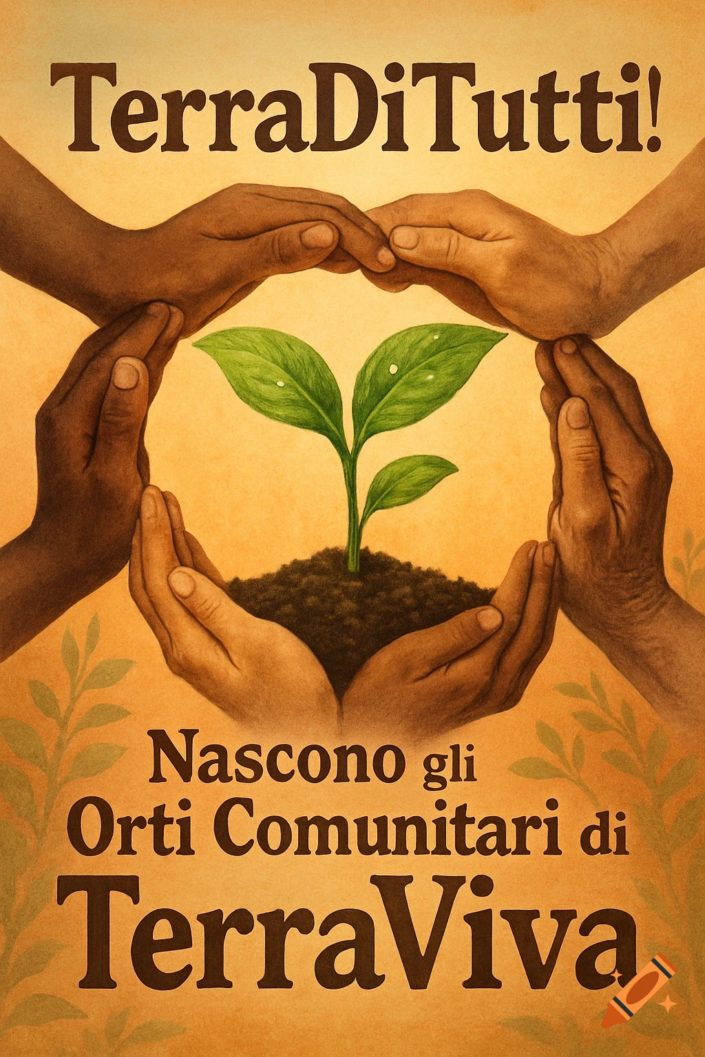 A poster illustration of four diverse hands forming a circle around a small green plant growing in soil. Italian text at the top reads "TerraDiTutti!" and at the bottom "Nascono gli Orti Comunitari di TerraViva".
