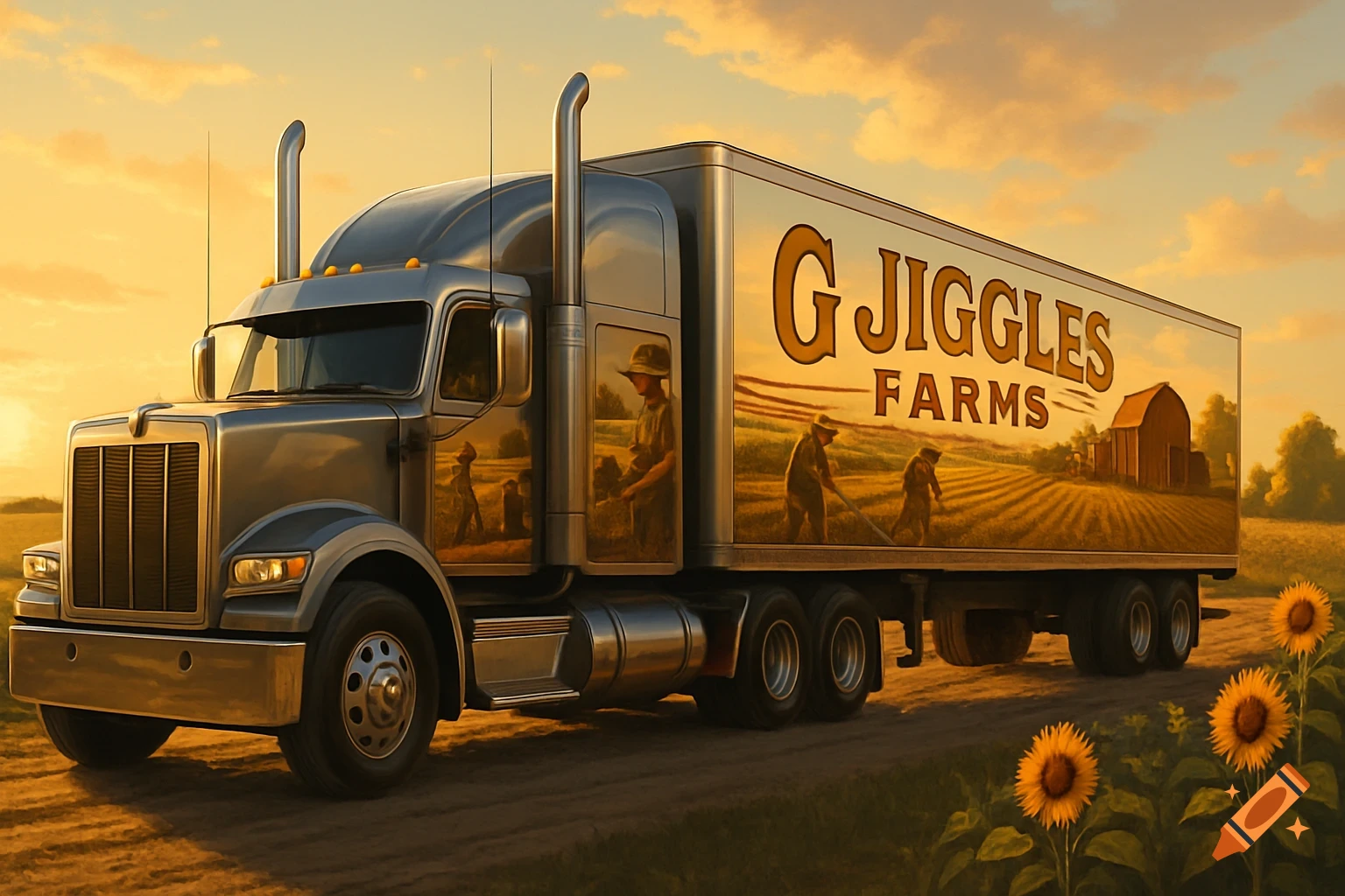 A photorealistic semi-truck with 'G JIGGLES FARMS' on its trailer drives on a dirt road through a field at sunset, with sunflowers.