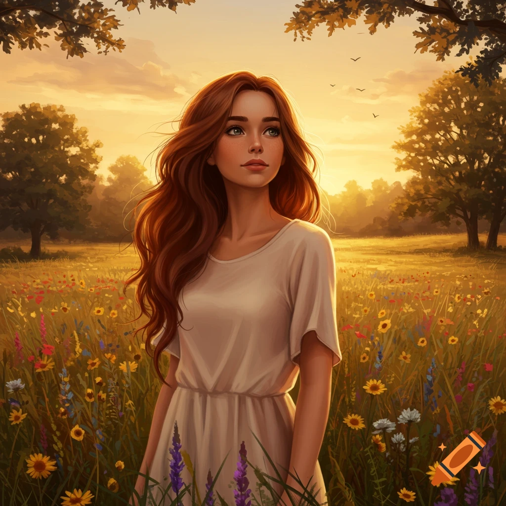 A pretty girl with long red hair stands in a wildflower field at sunset ...