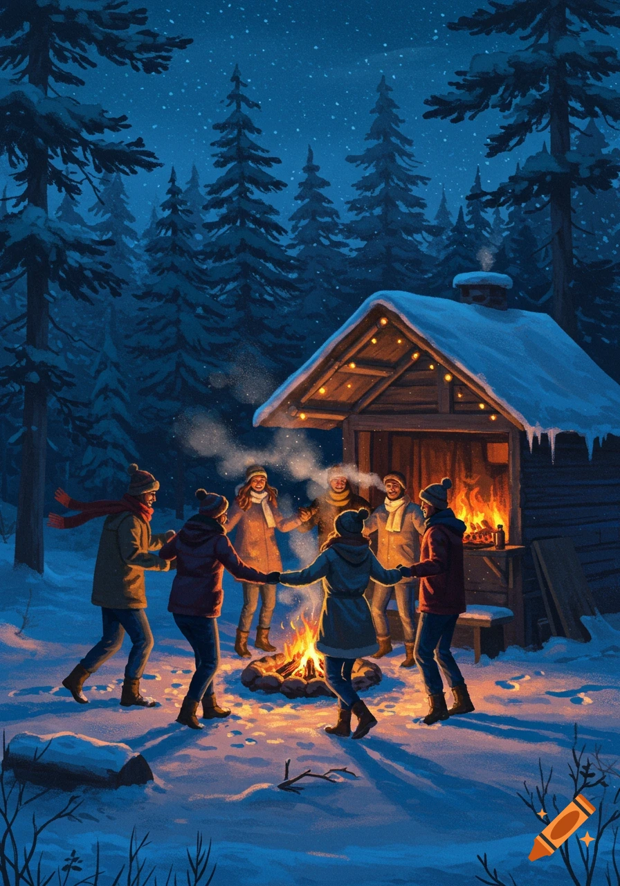 Friends dance around a campfire in a snowy forest at night, next to a lit wooden cabin, in a painterly style.