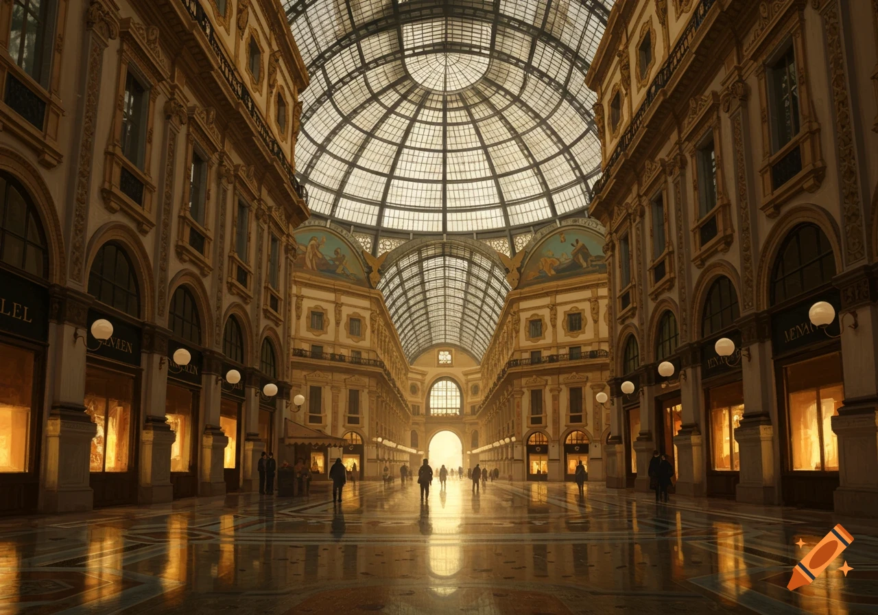 Grand interior of a historic European shopping gallery with a glass dome ceiling, ornate architecture, reflecting floors, and sparse people.