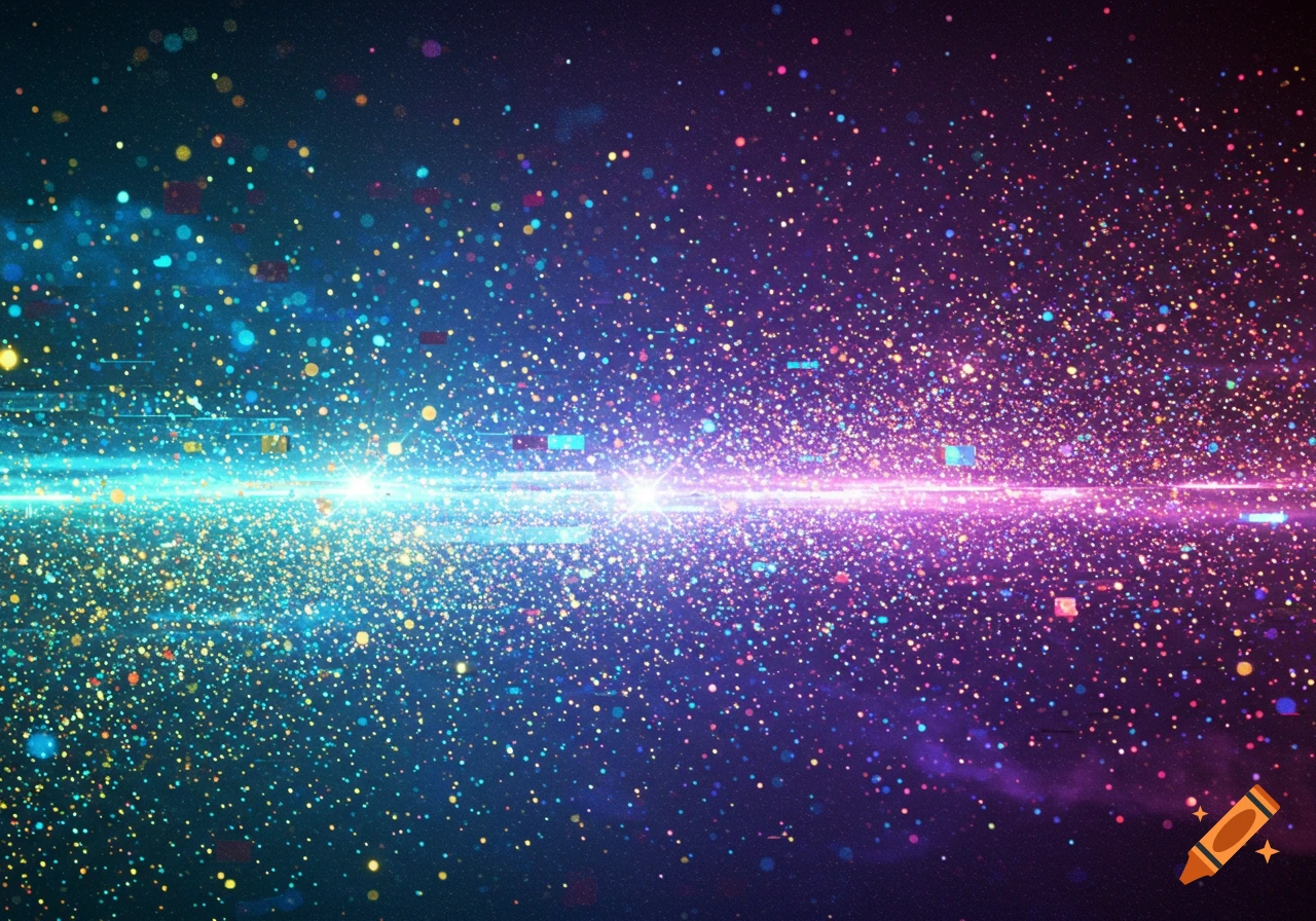 Abstract digital art background with a horizontal light beam transitioning from blue to purple, surrounded by numerous colorful glittering particles.