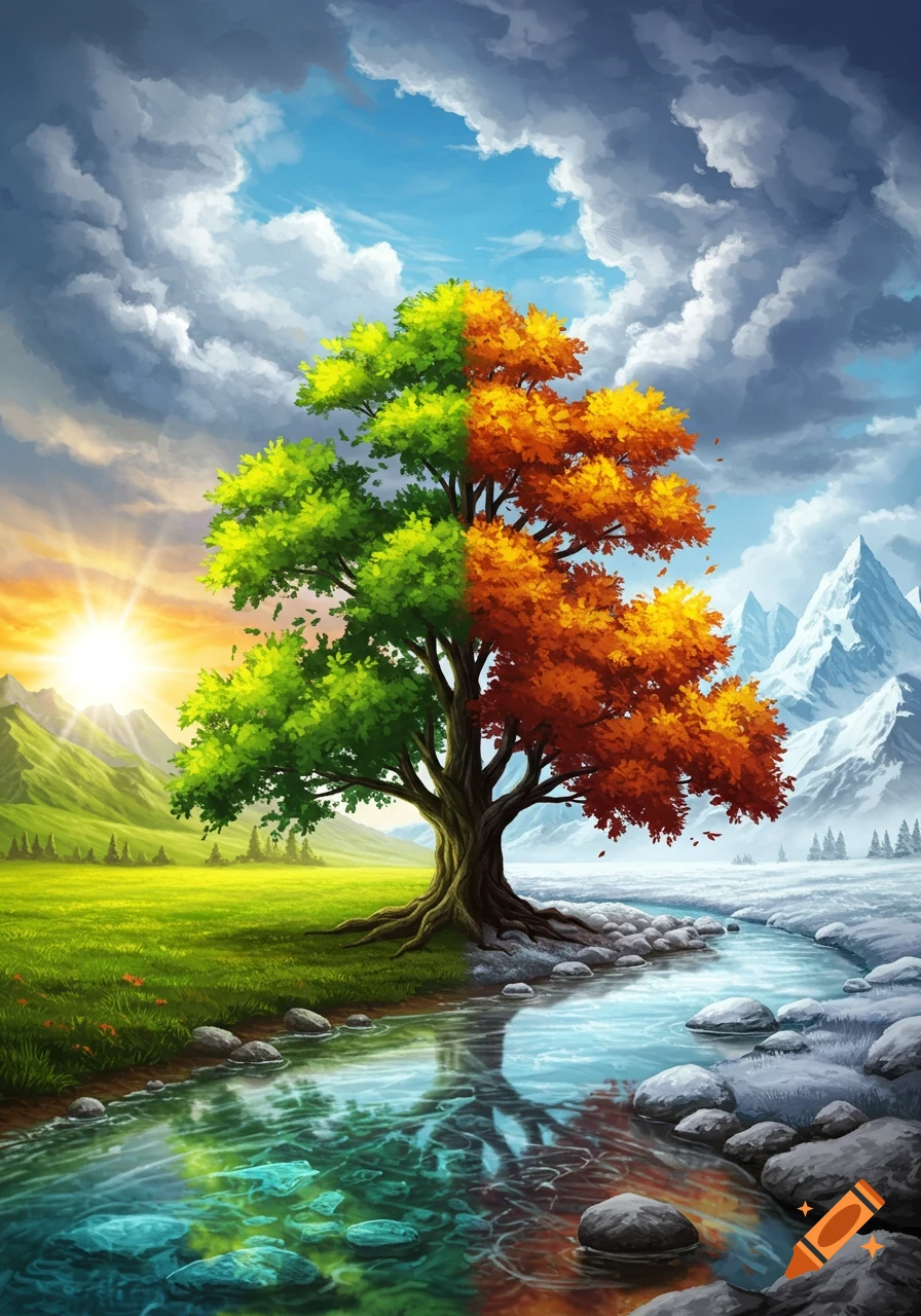 Vibrant digital art of a tree showing green and autumn leaves, split by a river flowing through sunny fields and snowy mountains.