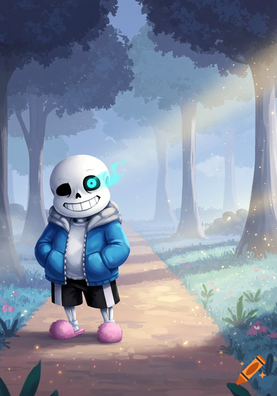 A cartoon skeleton character, Sans from Undertale, in a blue jacket and ...