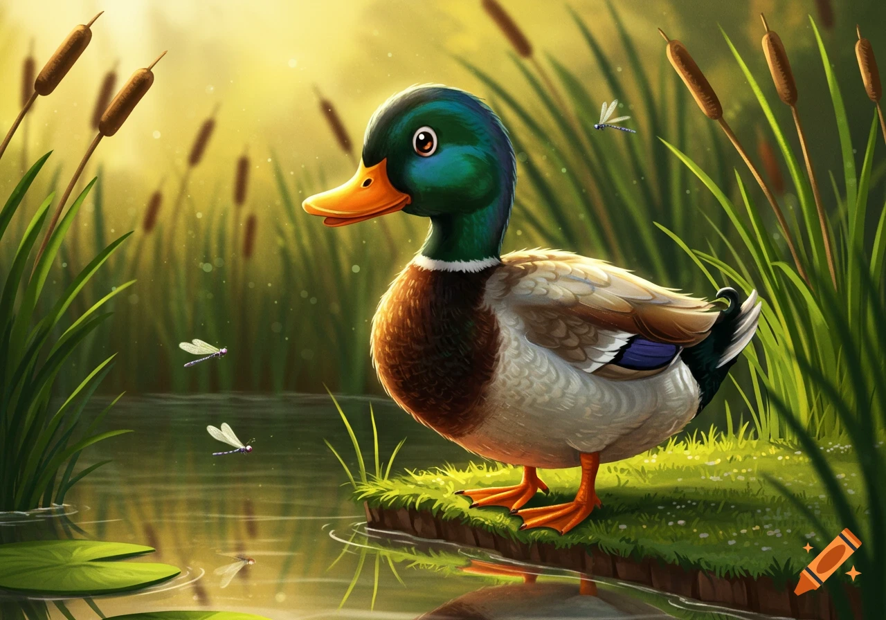 Cartoon mallard duck standing at the edge of a sunny marsh pond with cattails and dragonflies.