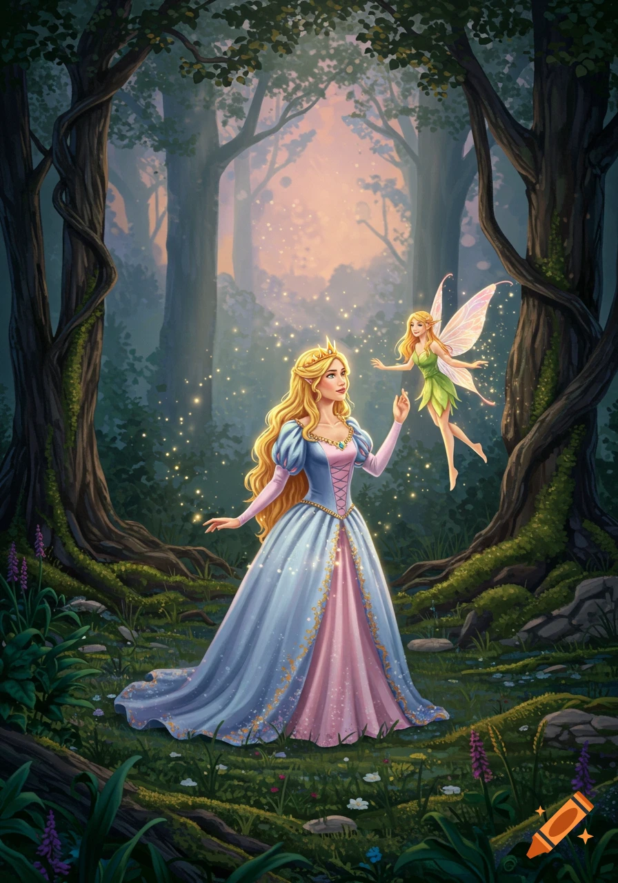 An enchanting illustration of a blonde princess in a blue and pink gown reaching towards a small green fairy amidst a magical forest with glowing particles.