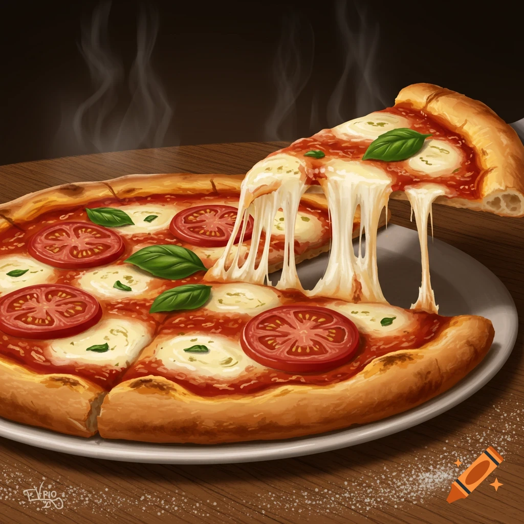 A close-up, digital painting of a steaming hot pizza with a slice being lifted, showing melted cheese, sliced tomatoes, and basil.