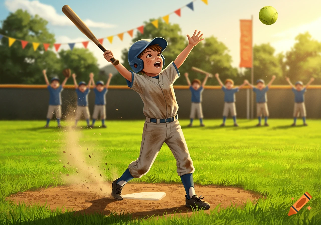 An excited cartoon boy in a baseball uniform swings a bat on a sunny field, dirt flying, with other players cheering in the background.