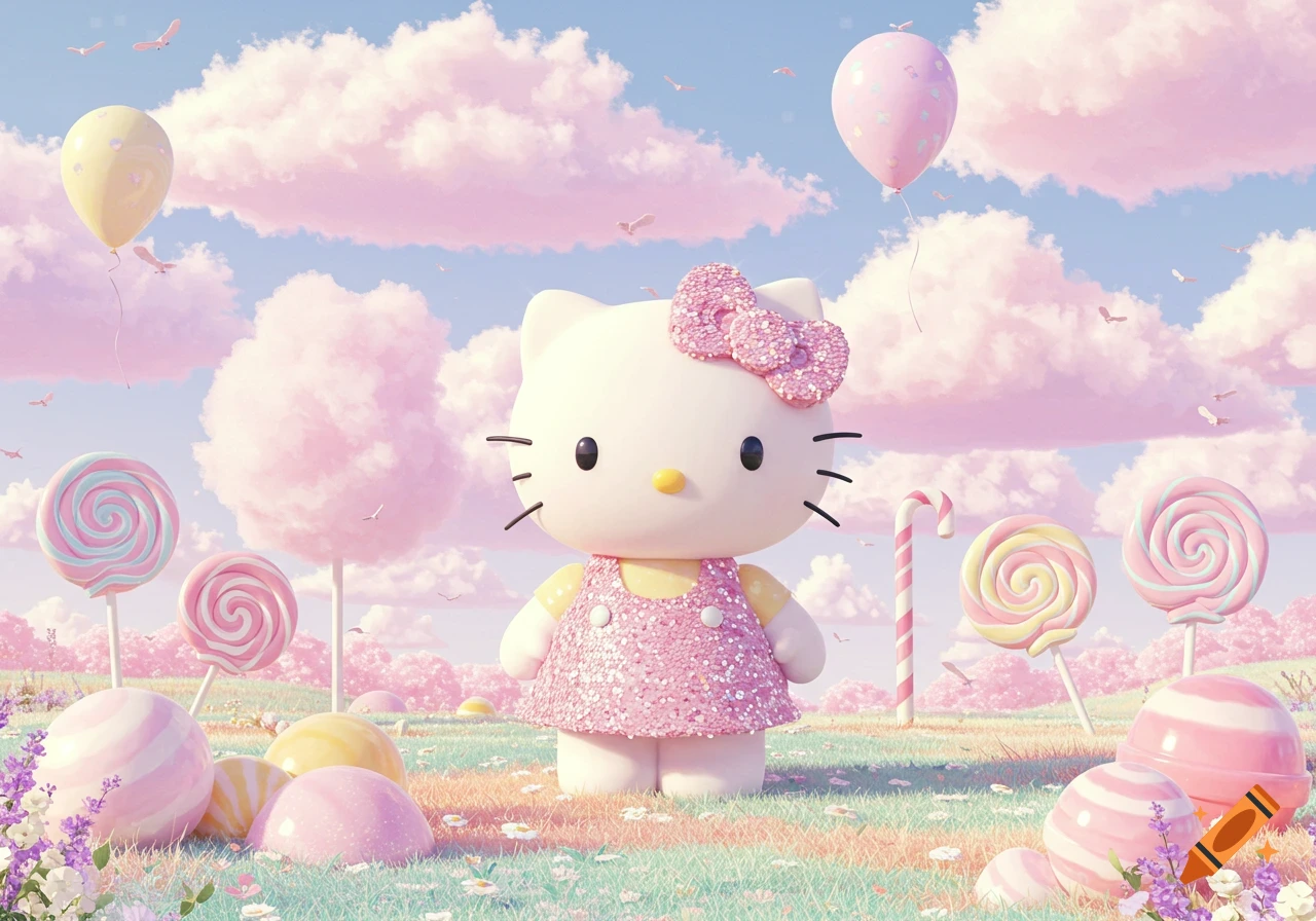 Hello Kitty in a sparkly pink dress stands in a whimsical pastel candy land with lollipops, cotton candy trees, balloons, and pink clouds.