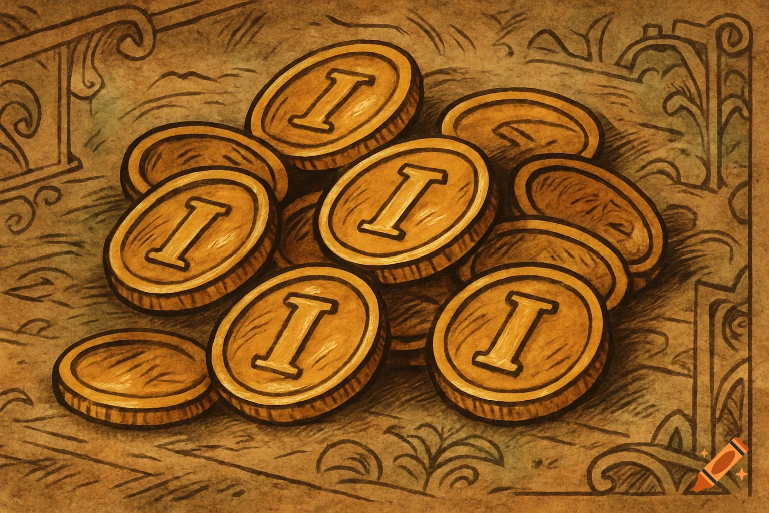 Vintage cartoon illustration of a pile of oval gold coins, each marked with an 'I' symbol, on a textured background.