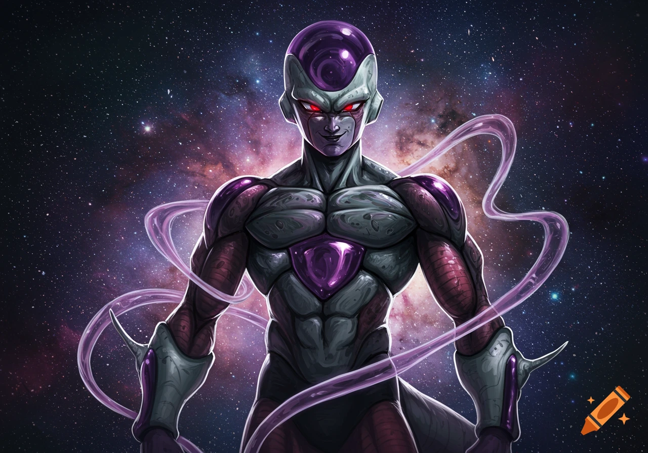 Frieza in a muscular, gray and purple form with red eyes and a menacing smile, against a vibrant galaxy background and purple energy trails.