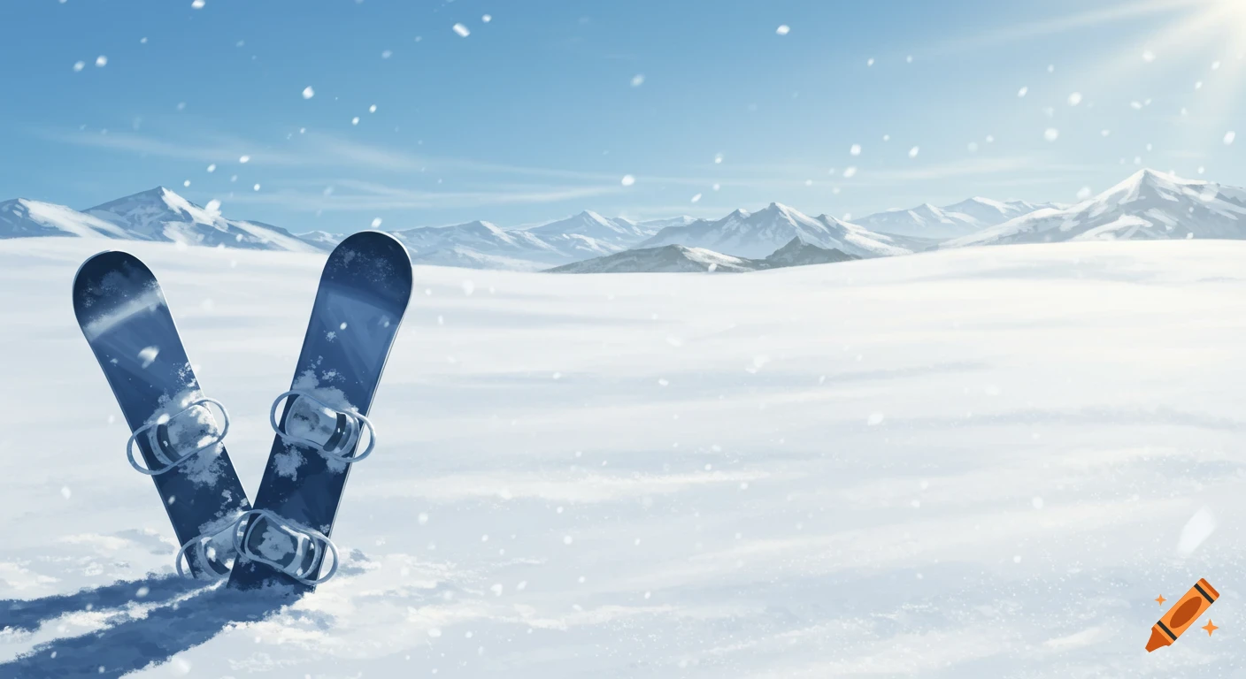 Two snowboards stand upright in deep snow with mountains in the background under a bright blue sky, with falling snow.