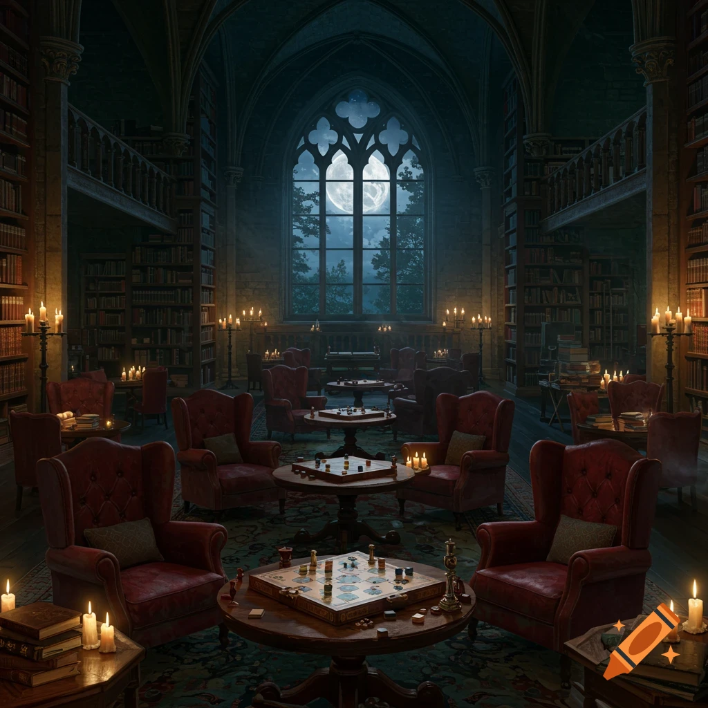 A grand gothic library at night, illuminated by moonlight and candles, with red armchairs and tables set with board games.