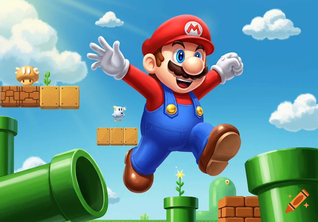 Cartoon illustration of Mario jumping joyfully in a vibrant Super Mario Bros. level with pipes and blocks.