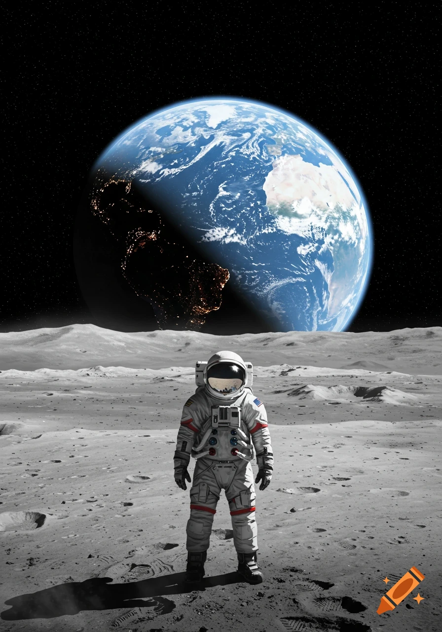 An astronaut stands on the moon's surface, looking at Earth rising in the dark sky, photorealistic style.