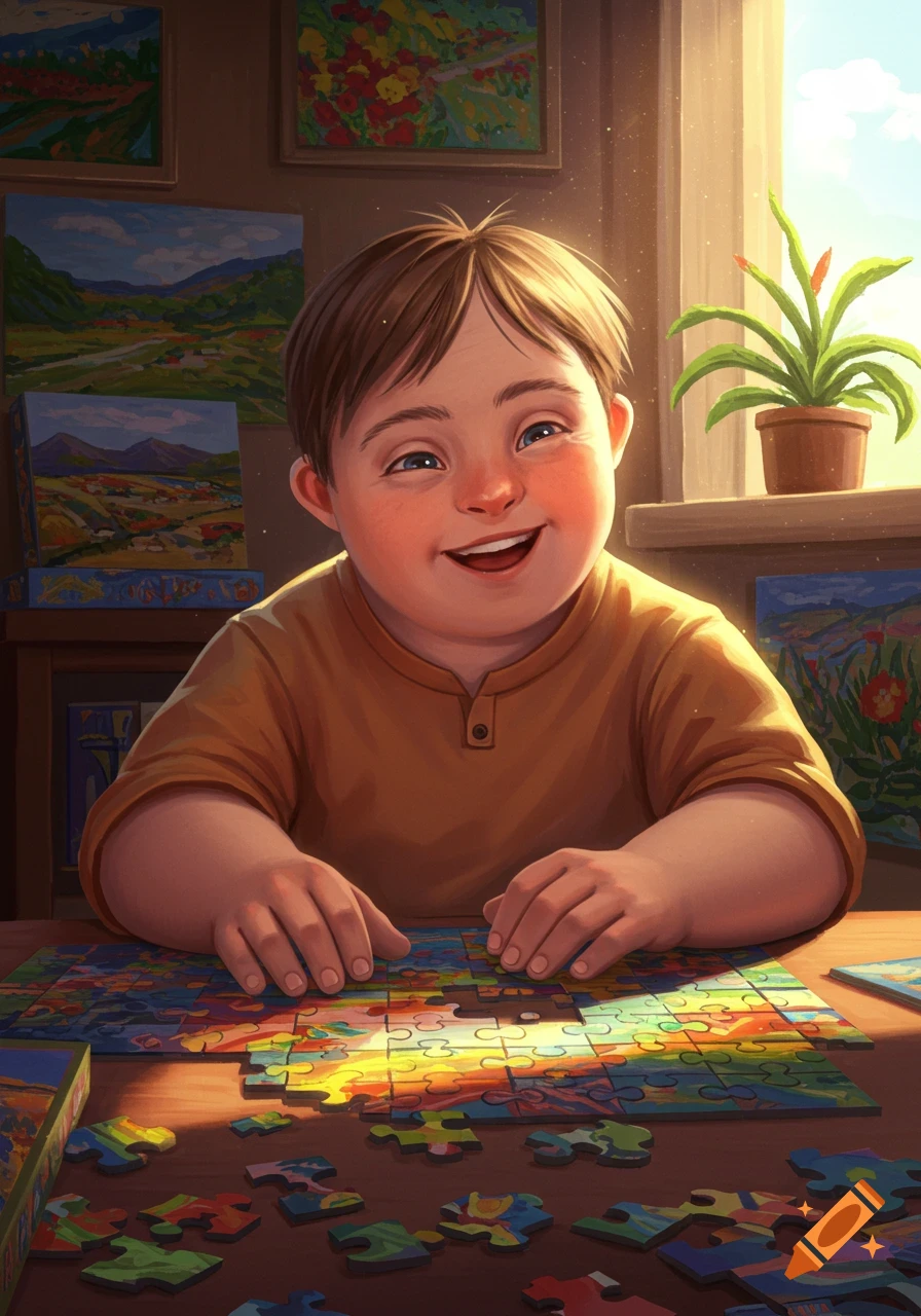 A happy child with Down syndrome smiles while assembling a colorful jigsaw puzzle, with paintings on the wall, in an illustrative style.
