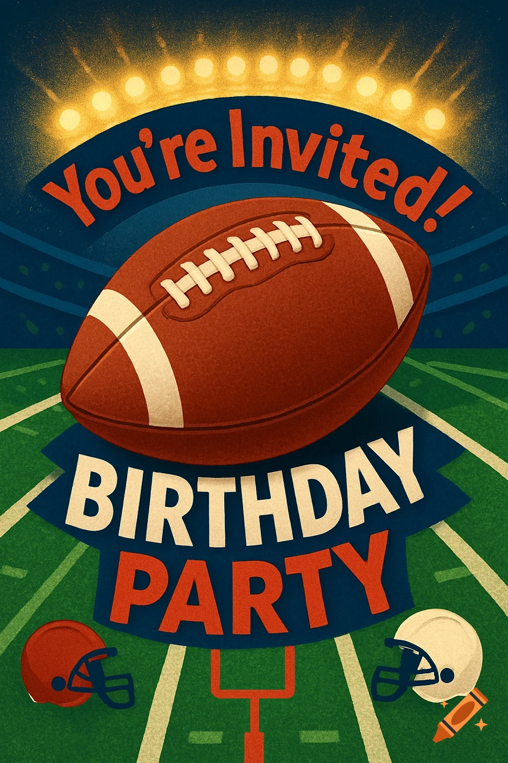 An illustrated birthday invitation featuring a football, two helmets, and goalposts on a stadium field. Text reads: "You're Invited! Birthday Party".
