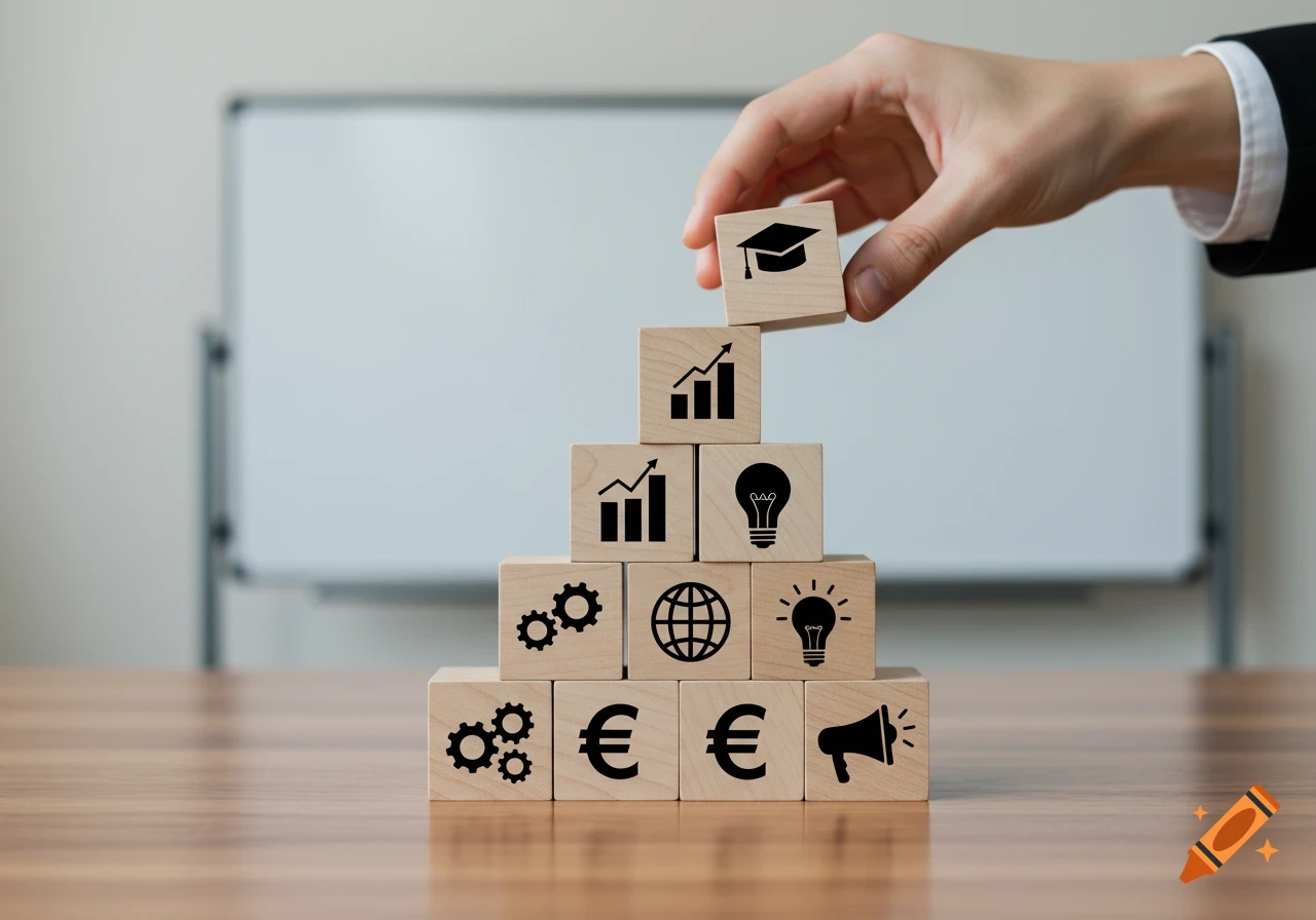 A hand places a block with a graduation cap on a pyramid of symbolic blocks representing business and education on a table.