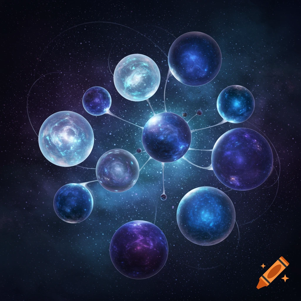 Abstract depiction of a cosmic network with nine glowing, interconnected blue and purple spheres on a starry background.