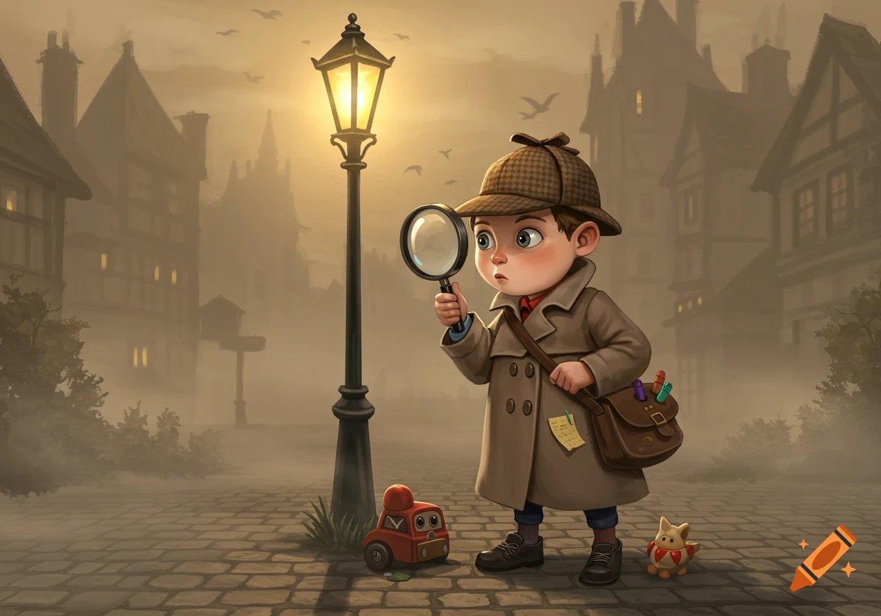 A cartoon boy detective in a trench coat and deerstalker hat holds a magnifying glass on a foggy street with a glowing lamppost.