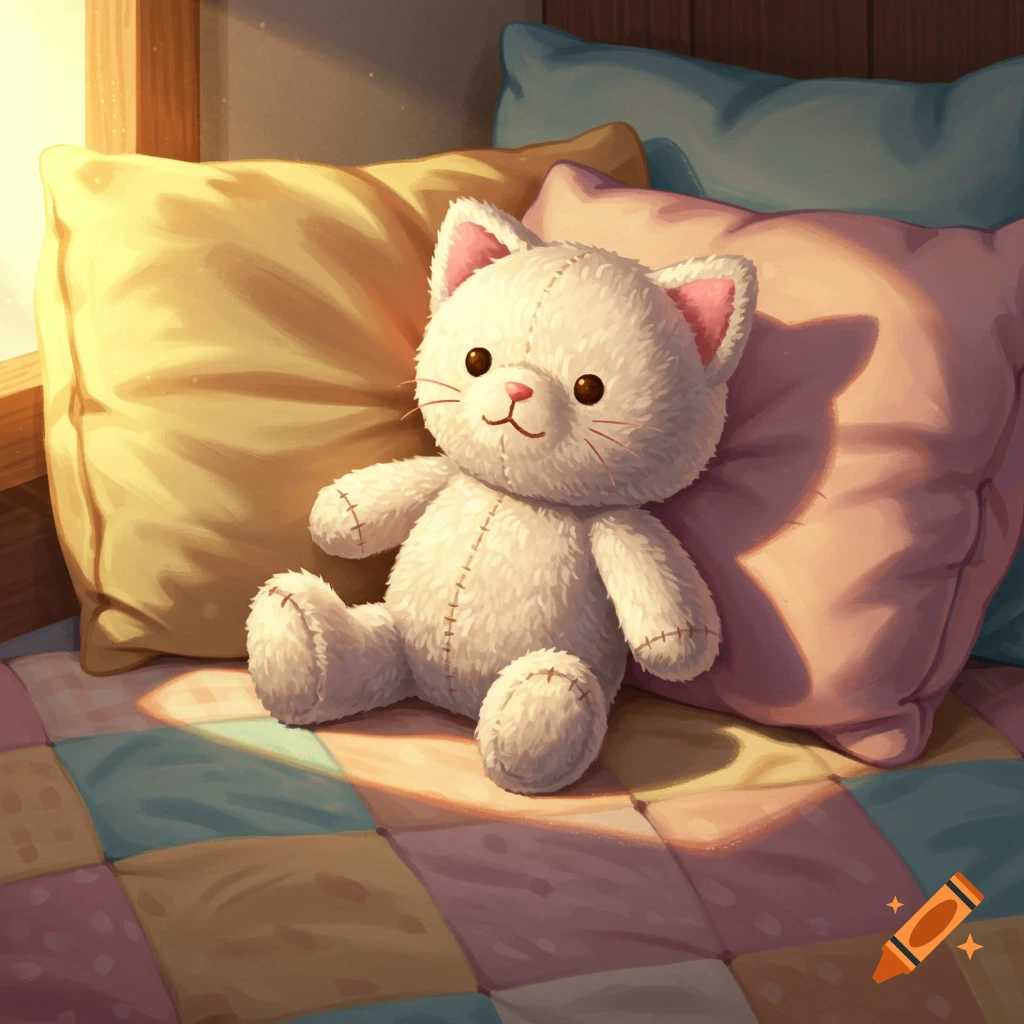 A cute white stuffed cat with pink ears sits on a colorful quilted bedspread next to yellow and pink pillows, illuminated by sunlight.