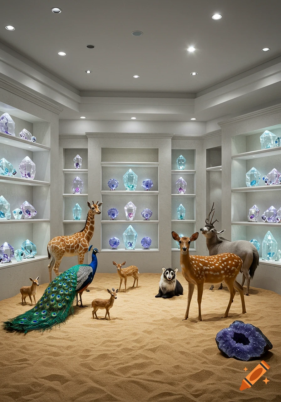 Photorealistic scene of diverse animals on fine sand in a modern room with shelves displaying numerous glowing crystals and geodes.