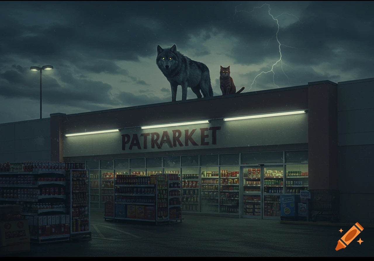A wolf and a cat with glowing eyes stand on the roof of a supermarket during a thunderstorm. The supermarket sign reads 'PATRARKET'.