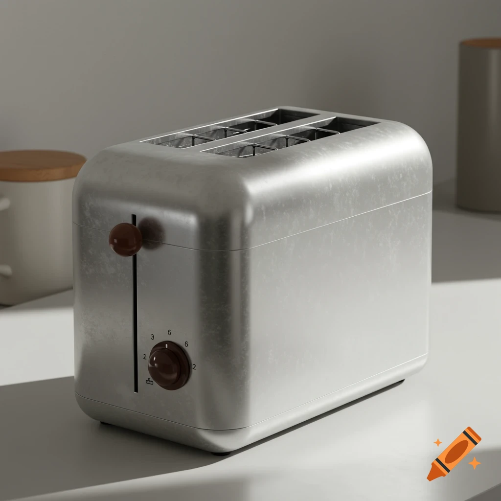 A modern silver two-slice toaster with dark brown controls sits on a white surface in a minimalist setting.