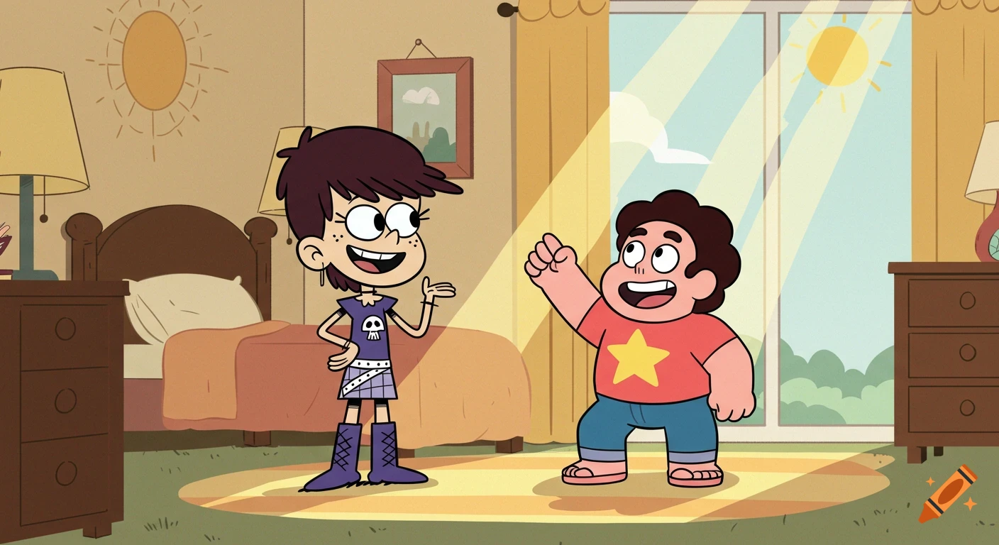 Luna Loud and Steven Universe stand smiling in a sunny bedroom, ready for the day in a vibrant cartoon style.