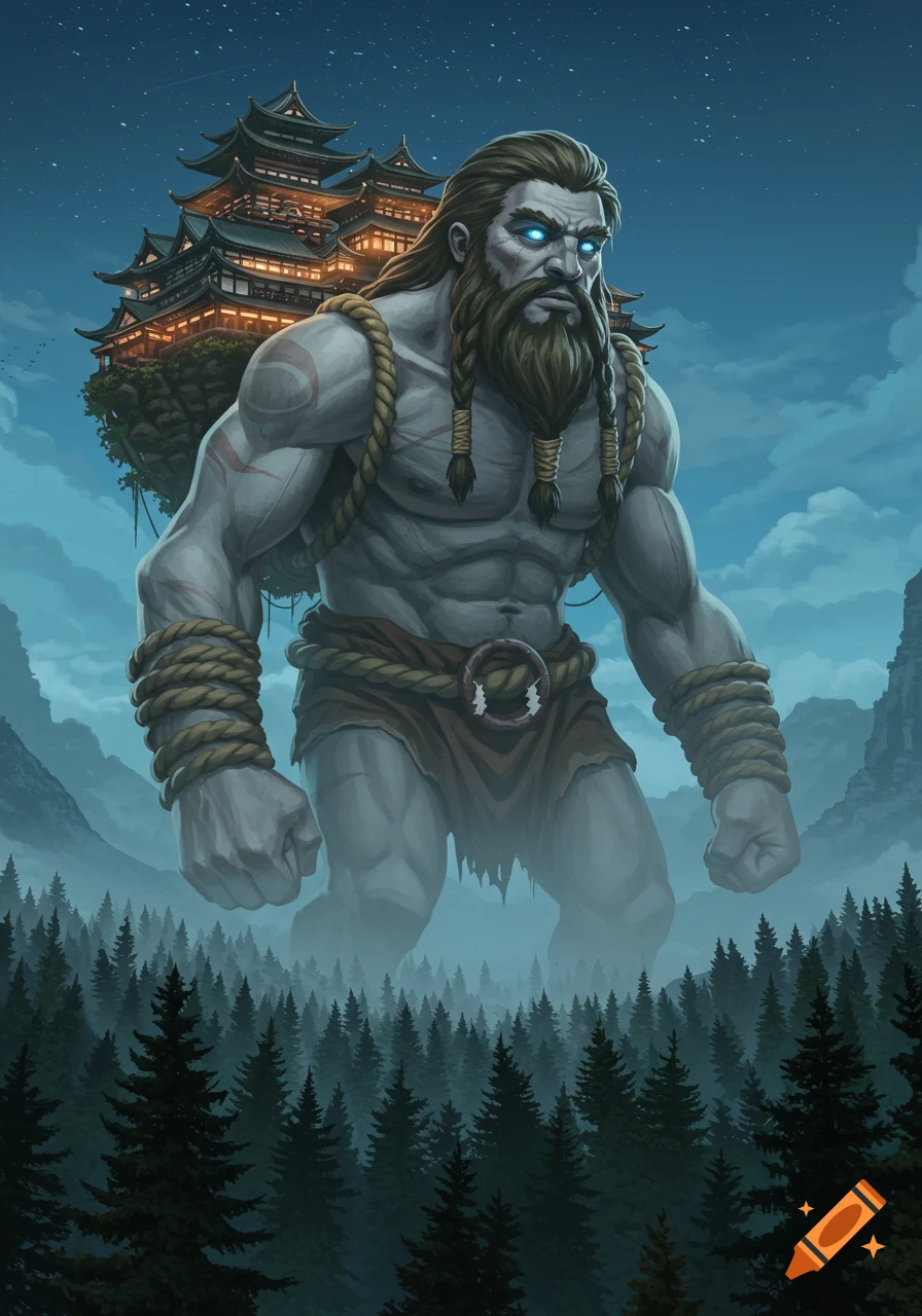 A colossal grey-skinned giant with glowing blue eyes and a braided beard carries a multi-tiered Japanese town on his back through a misty forest at night.