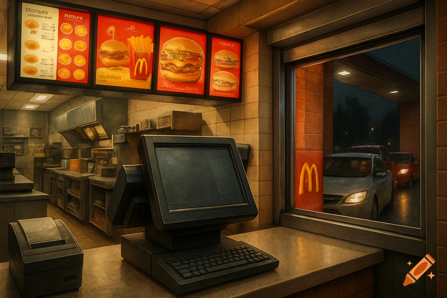 A photorealistic image from a cashier's POV inside a McDonald's drive-thru, showing a POS system and cars outside at night.