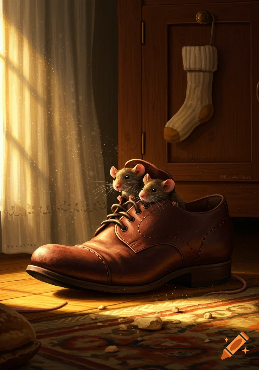 Two small mice peek out from a brown leather shoe on a patterned rug in a sunlit room, with a stocking hanging on a cabinet.