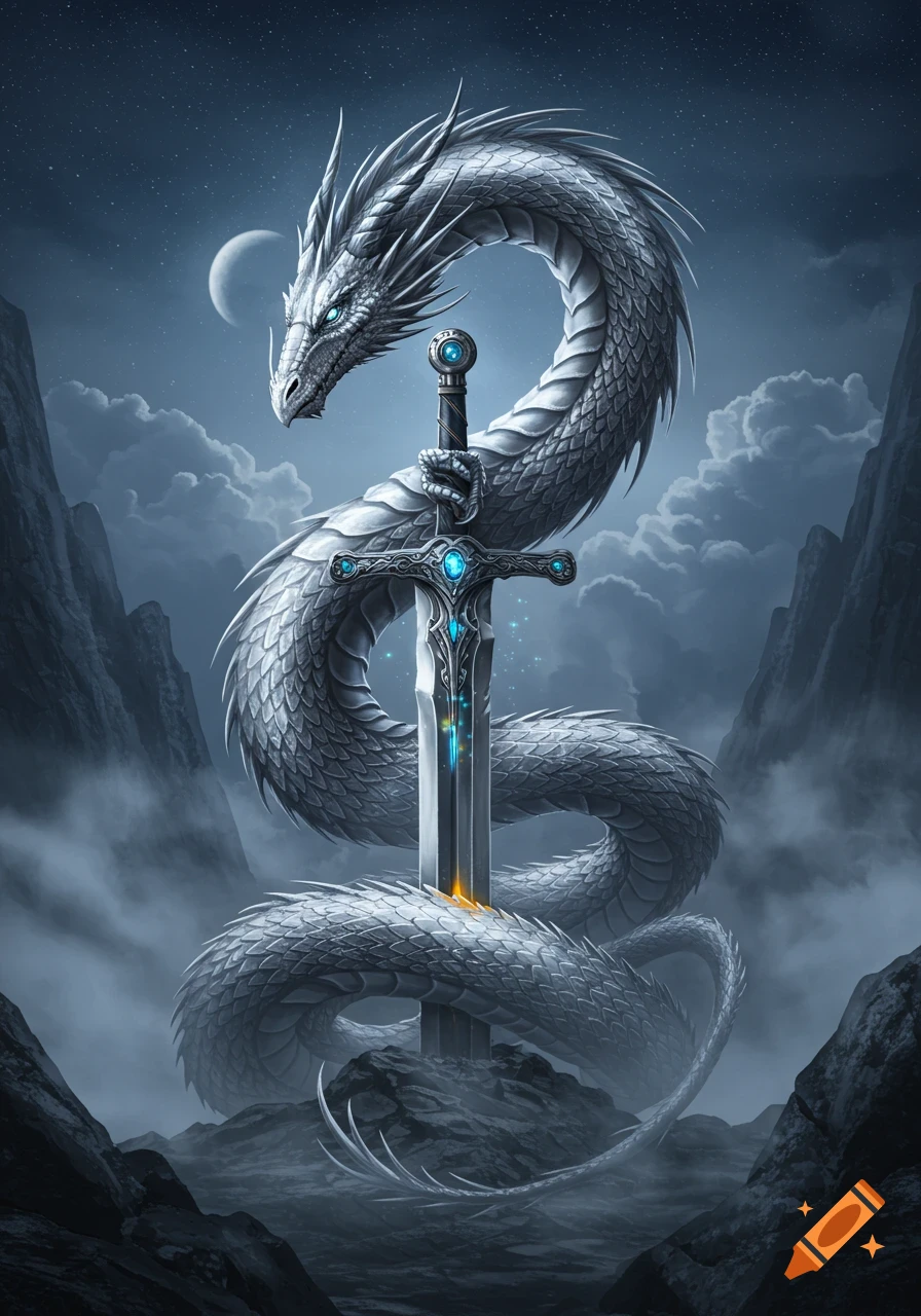 A majestic silver dragon with glowing blue eyes coils around an ornate sword embedded in rocky terrain under a crescent moon. Fantasy art style.