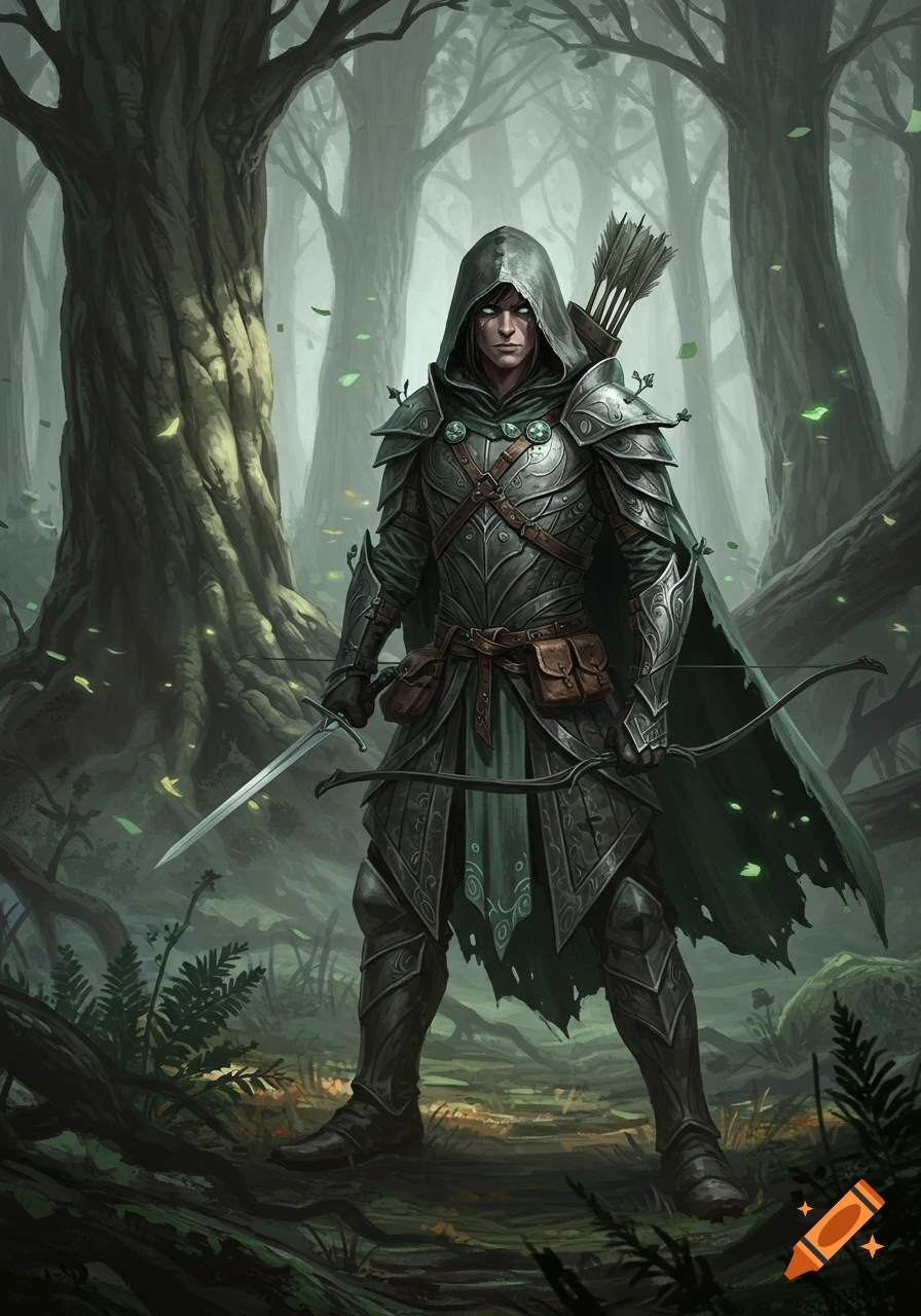 A fantasy ranger in grey armor and a hooded cloak stands in a misty forest, holding a sword and bow.