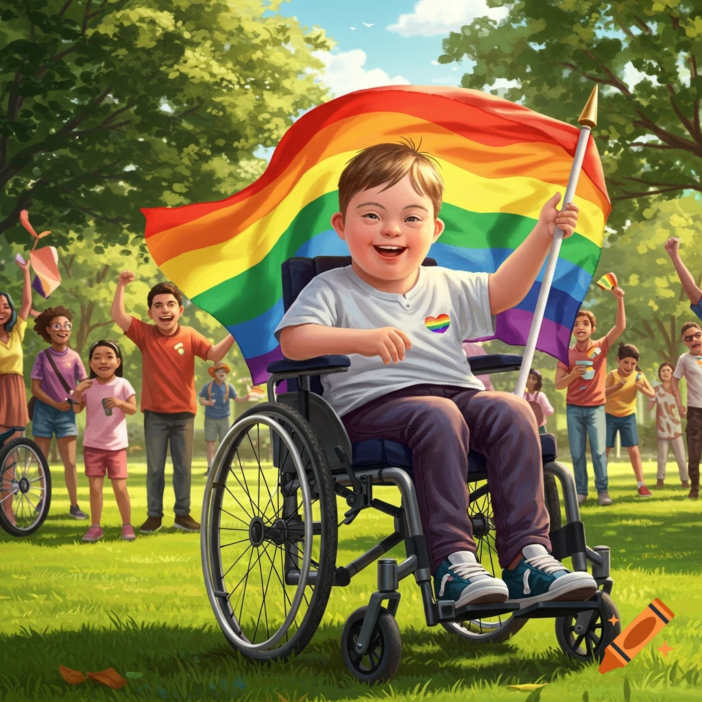 An illustration of a happy boy with Down syndrome in a wheelchair, holding a large rainbow pride flag in a sunny park with diverse people celebrating in the background.