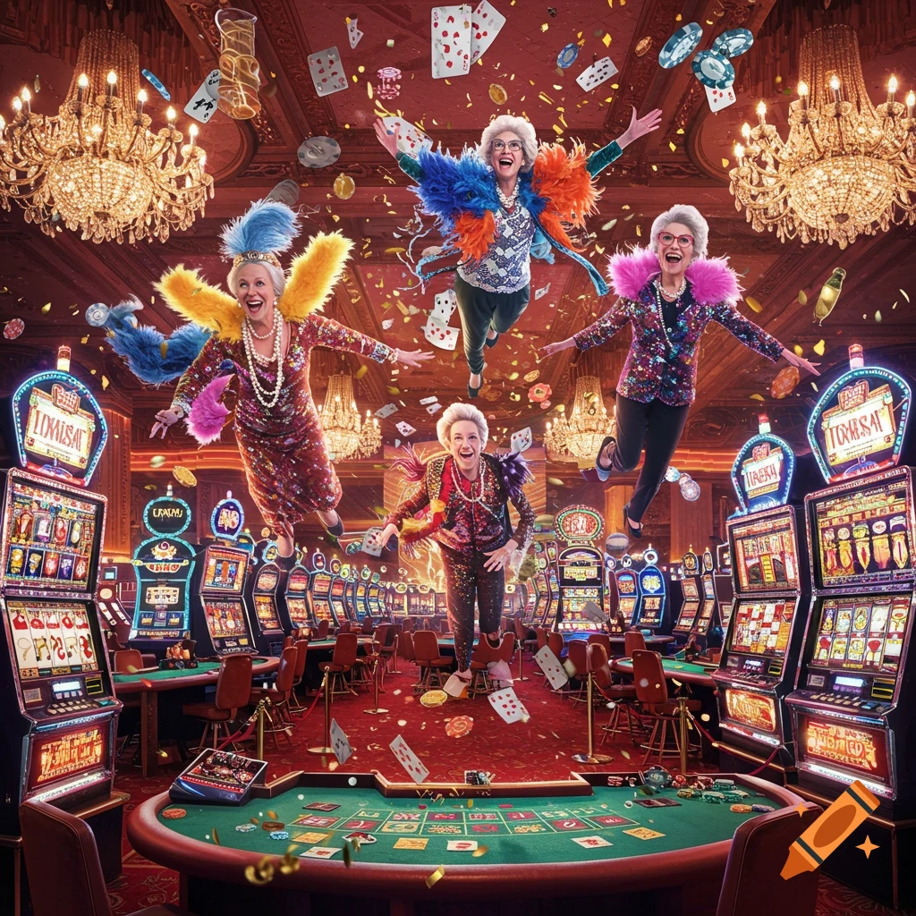 Five joyful seniors fly through a vibrant casino, surrounded by slot machines, gambling tables, and falling cards, confetti, and chips.
