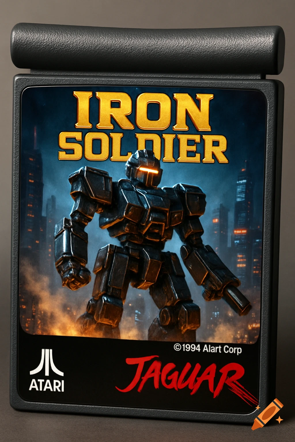 A black Atari Jaguar video game cartridge for "Iron Soldier" featuring a giant dark metallic robot against a city skyline with orange smoke.