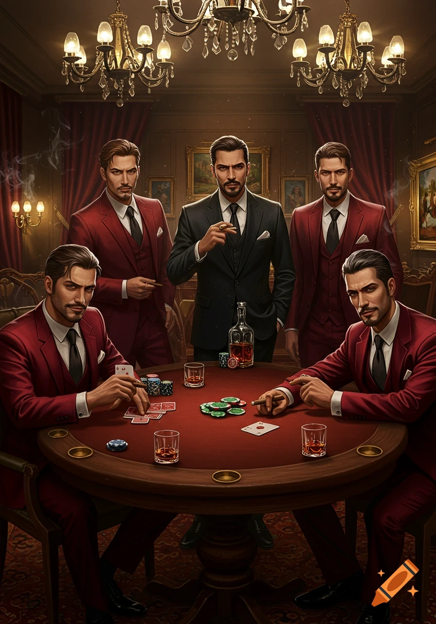 Five men in suits play poker around a red table in a luxurious room. One man in a black suit holds a cigar, surrounded by four men in red suits.