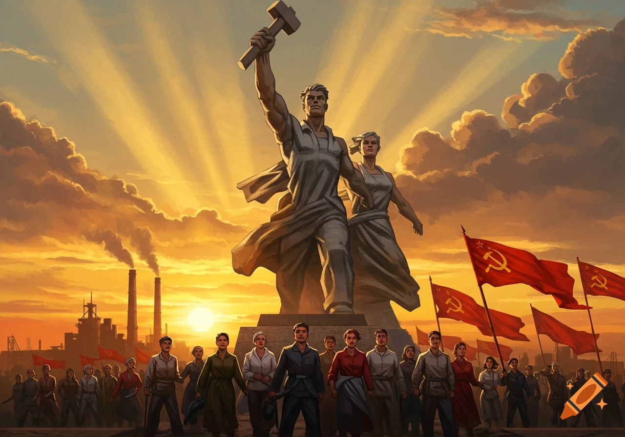 A monumental Soviet-era statue of a man with a hammer and a woman overlooks a crowd and industrial factories under a dramatic sunset, with red flags.