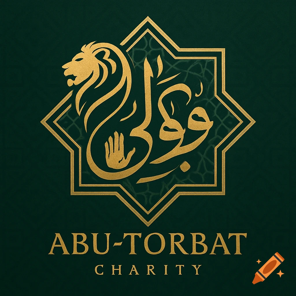 A golden logo on a dark green background featuring a lion's head, Arabic calligraphy, and a hand, within an octagonal frame. Below are the words "ABU-TORBAT" and "CHARITY".