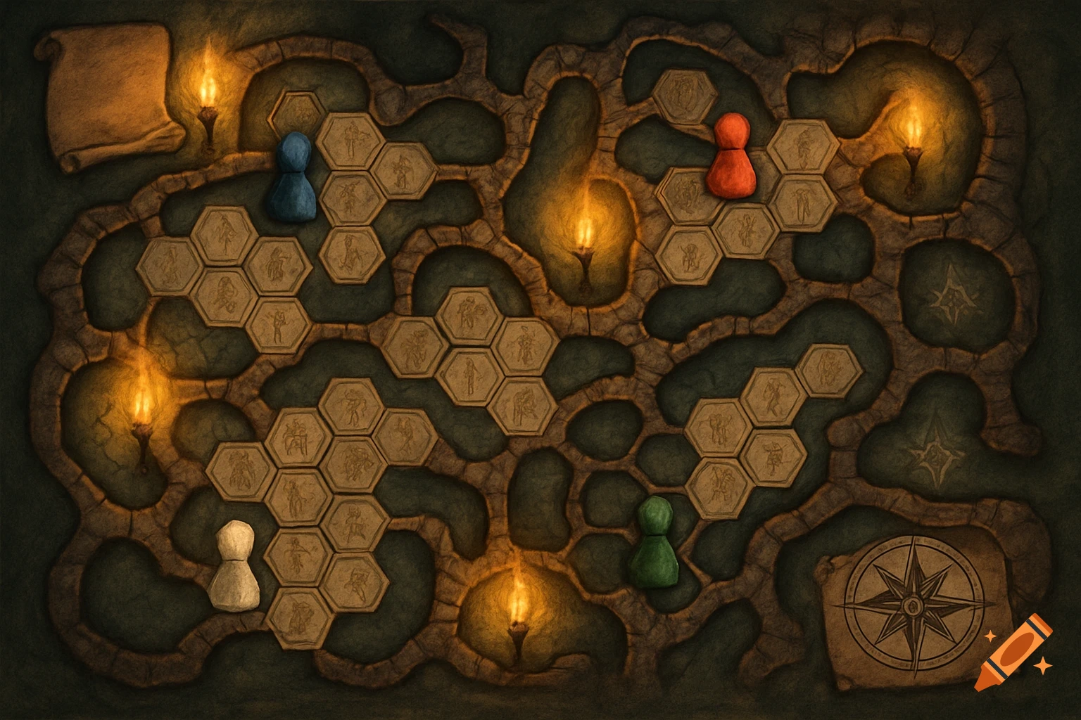 Top-down view of a fantasy board game board depicting a dungeon map with hexagonal tiles, winding paths, four pawns, and glowing torches.