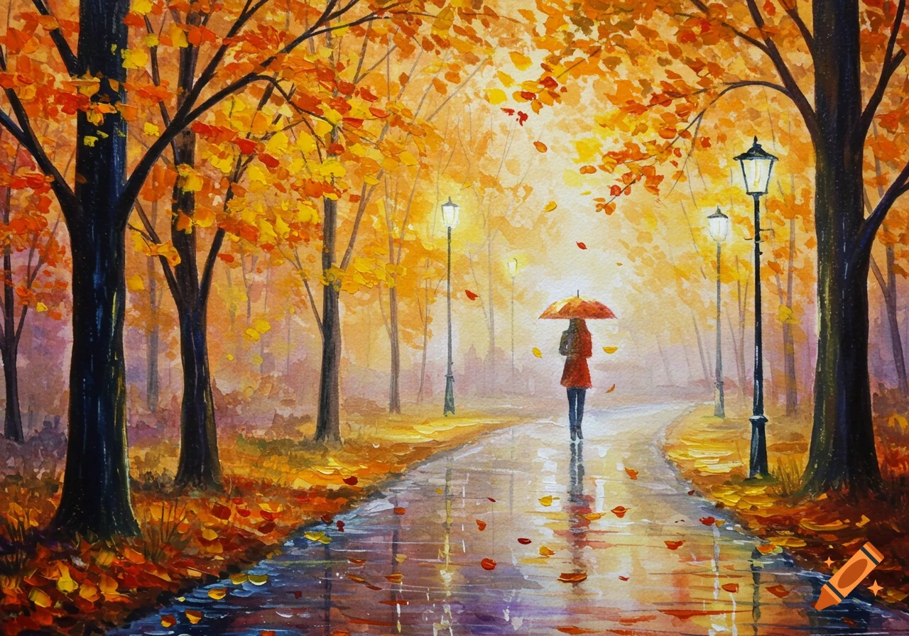 A solitary figure with an orange umbrella walks on a wet path through an autumn park, surrounded by trees with vibrant yellow and orange leaves, in a watercolor painting.