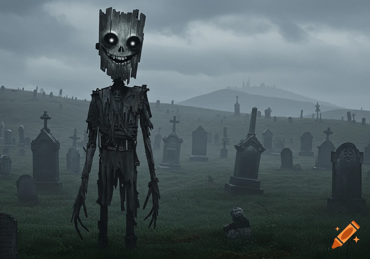 A tall, skeletal creature with a wooden, skull-like head and glowing eyes stands in a misty, overgrown graveyard.