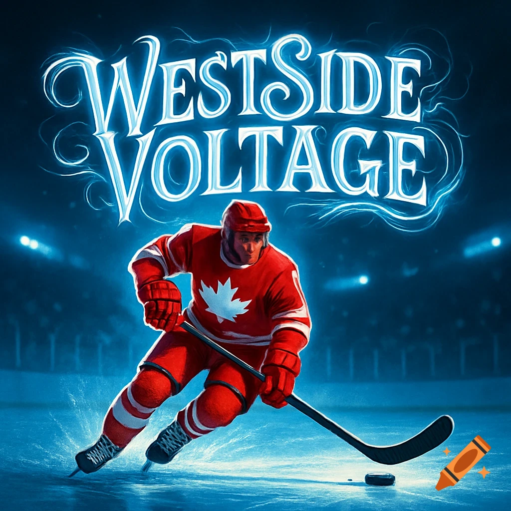 An illustrated hockey player in a red Team Canada uniform skates on an ice rink under glowing blue text 'WestSide Voltage'.