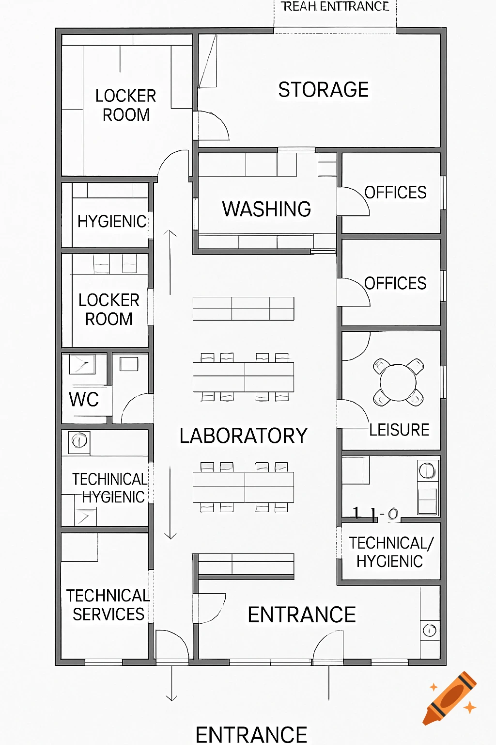 A white floor plan diagram with dark gray walls showing various rooms labeled in English, including 'LABORATORY', 'STORAGE', 'OFFICES', and 'ENTRANCE'.
