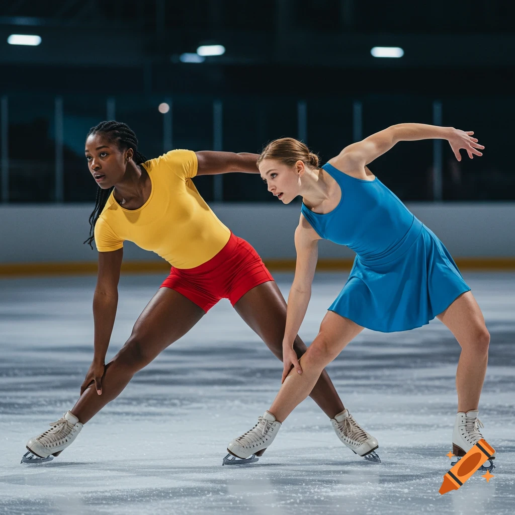 Two women in athletic attire, one in yellow and red, the other in blue, ice skate in a synchronized forward bend pose on an ice rink.