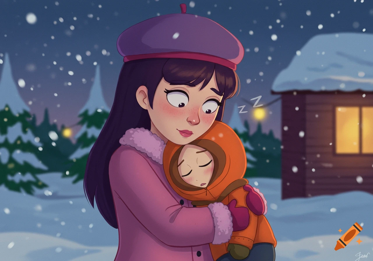 Cartoon of Wendy in a pink coat holding a sleeping Kenny in his orange parka during a snowy night.