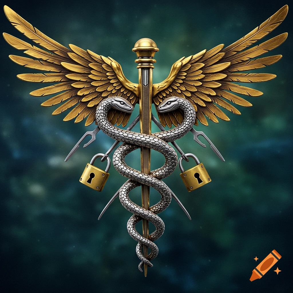 A golden winged caduceus symbol with two silver snakes wrapped around a ...