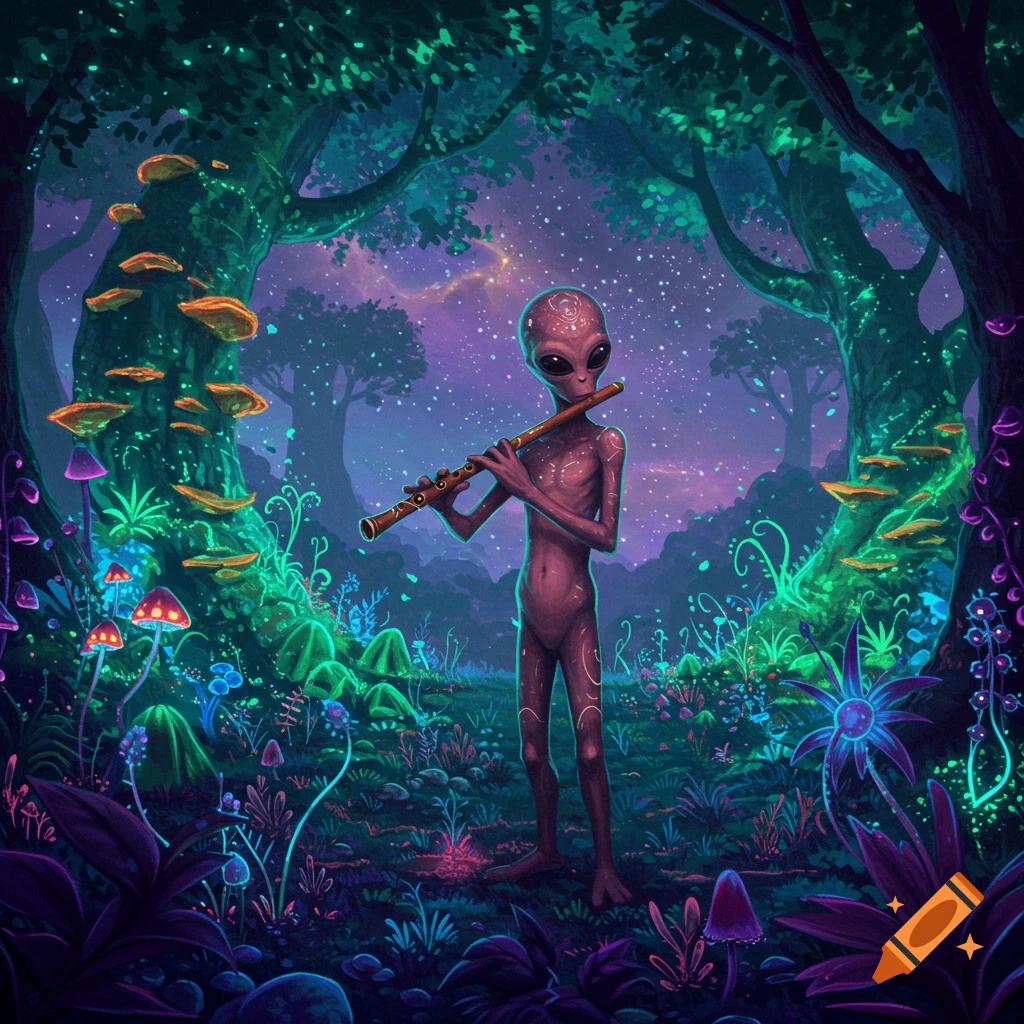 A slender alien plays a wooden flute in a vibrant, fluorescent forest ...